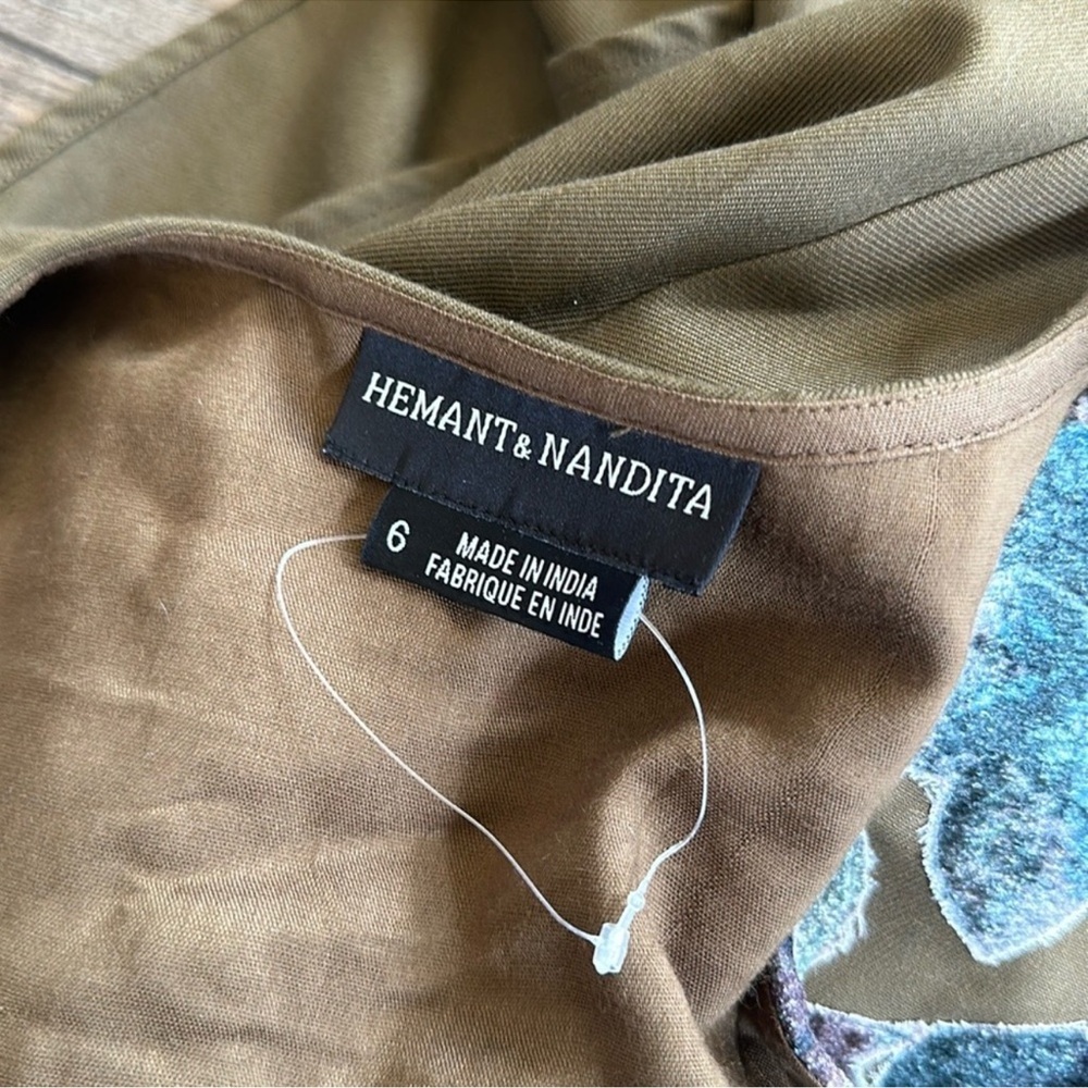 Anthropologie Hemant + Nandita Olive Green & Velvet Floral Short Sleeve Dress 6 - Picture 12 of 14